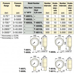 Enerpac T-Series, Test System Gauges Selection Chart