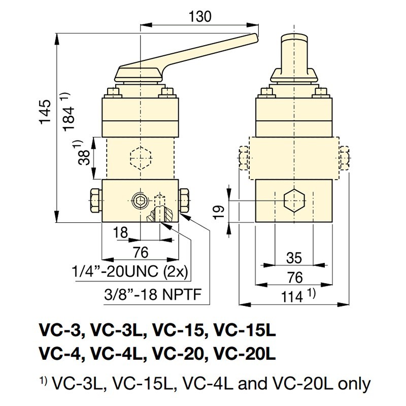 Enerpac VC-Series Remote Manual Directional Control Valves Dimensions Chart