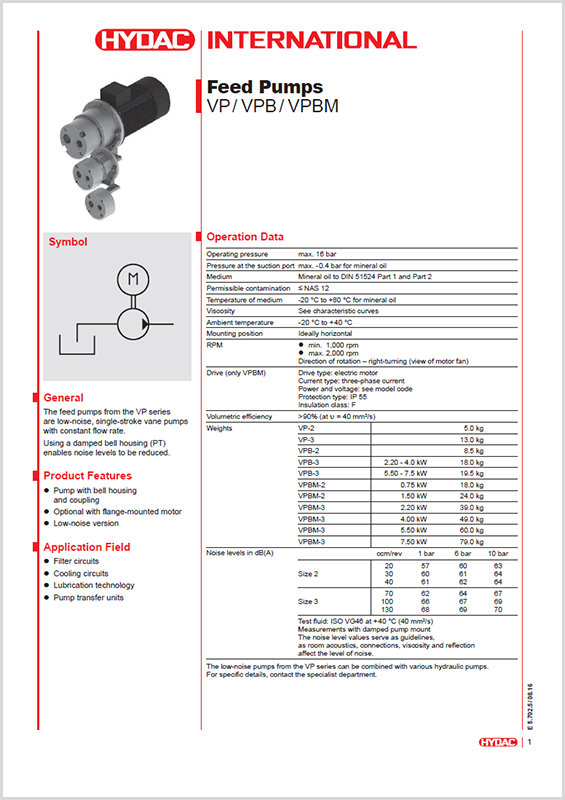 Hydac Feed Pumps LowNoise Series Types VPB, VP and VPBM HYQUIP Limited