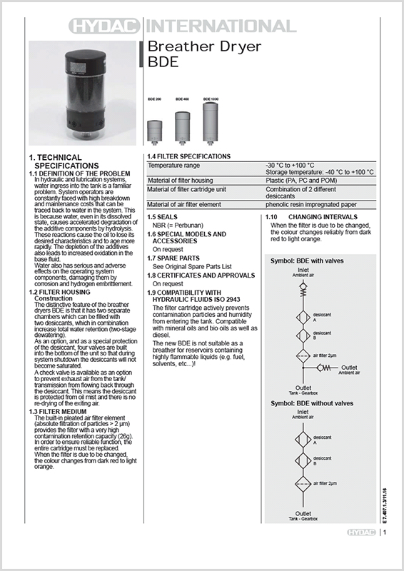 Hydac Tank Breather Dryer BDE HYQUIP Limited
