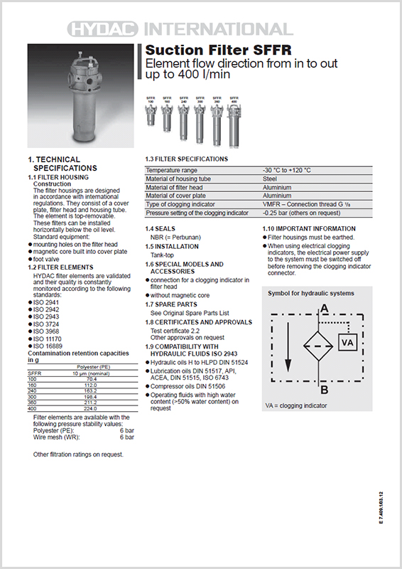 Hydac Suction Filter SFFR with Foot Valve and Core HYQUIP