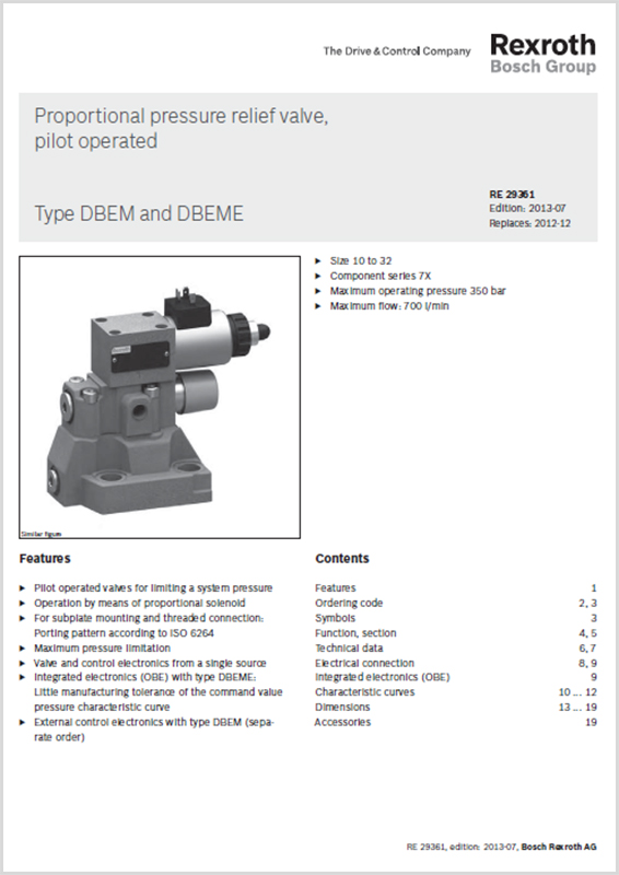 Bosch Rexroth Proportional Pressure Relief Valve, Pilotoperated DBEM, DBEME HYQUIP Limited