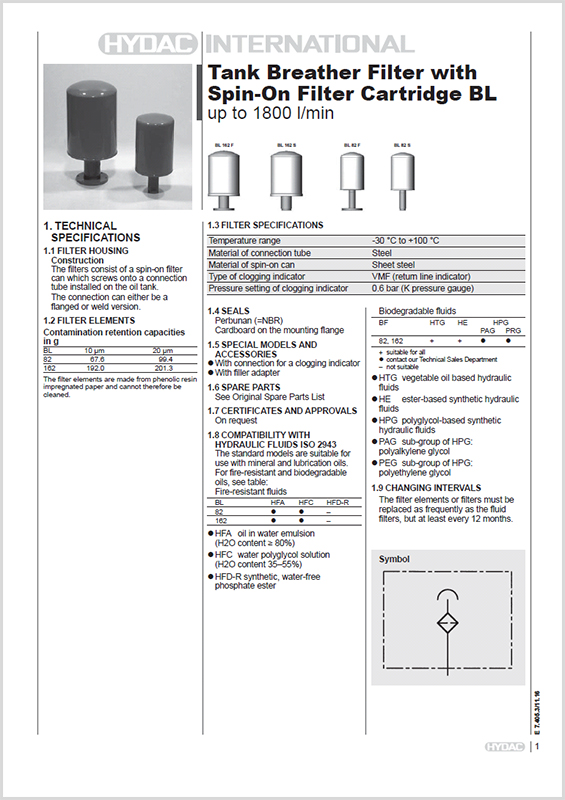 Hydac Tank Breather Filters BL with Spinon Cartridge HYQUIP Limited