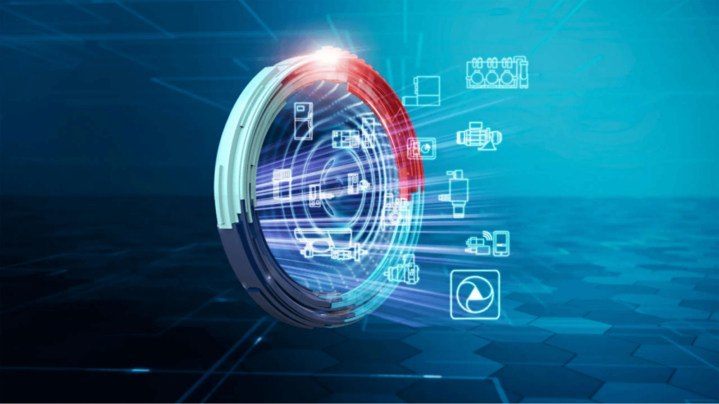 Connected hydraulics concept showing a digital hydraulic system with integrated condition monitoring, analytics and software-driven control for predictive maintenance, reliability and operational efficiency.